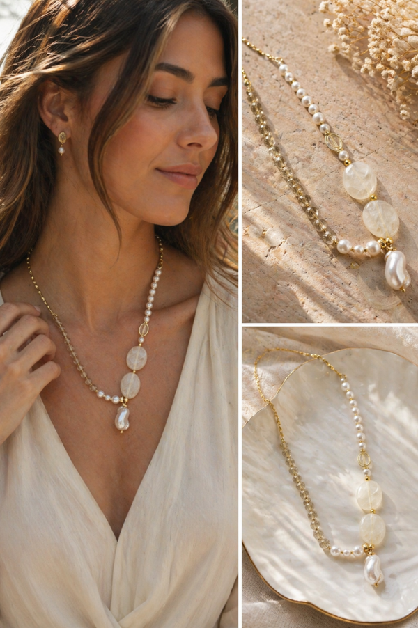 Luxe Natuursteen Ketting met Parels en Gouden Details – Handgemaakt Design