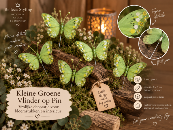 Kleine Groene Vlinder op Pin – Vrolijke decoratie voor bloemstukken en interieur