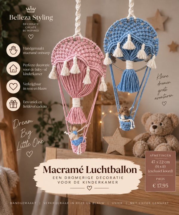 Handmade Macramé Luchtballon – Lieve decoratie voor de kinderkamer