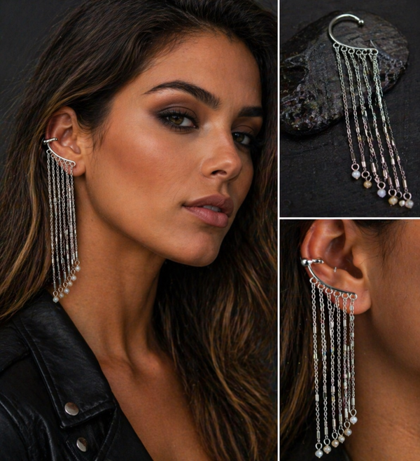 Stoere Ear manchet met Kettingen en Subtiele Kralen – Zilverkleurig Statement Sieraad