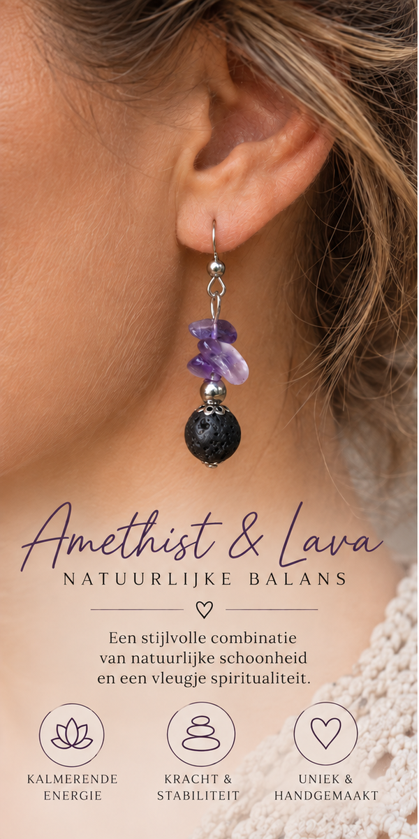 Oorbellen Amethist & Lava – Natuursteen Combinatie met Spirituele Uitstraling