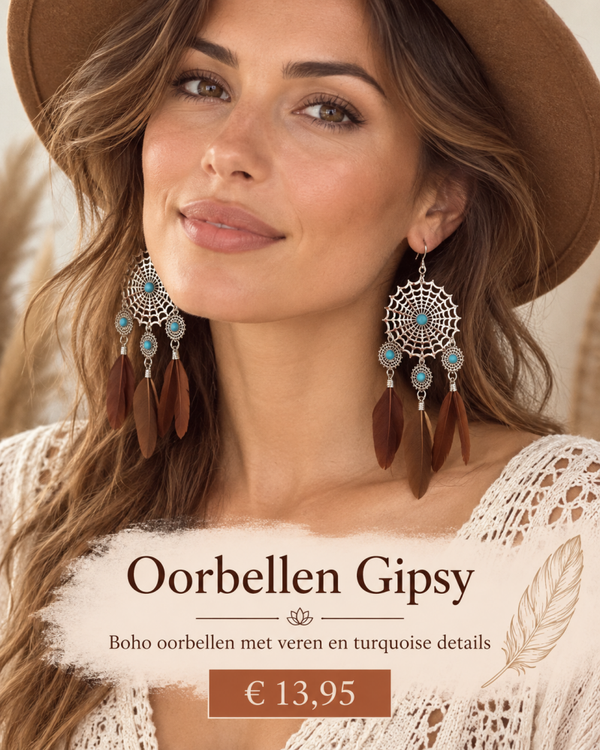 Oorbellen Gipsy – Boho Oorbellen met Veren en Turquoise Details