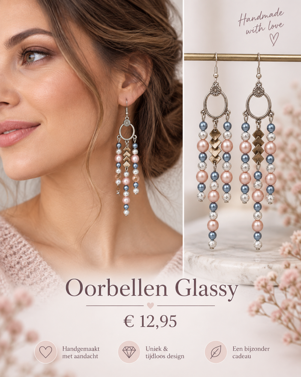 Oorbellen Glassy – Metalen Ornamenten met Glaskralen en RVS Oorhaken