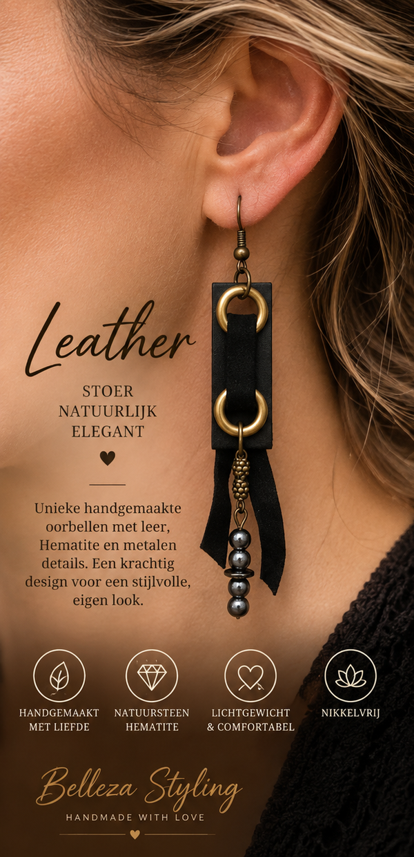 Oorbellen Leather – Leer, Hematite & Oud Brons