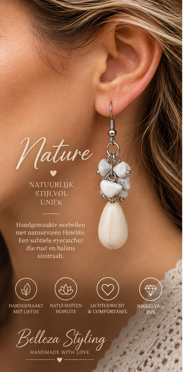 Oorbellen Nature – Howlite Natuursteen met RVS Oorhaken