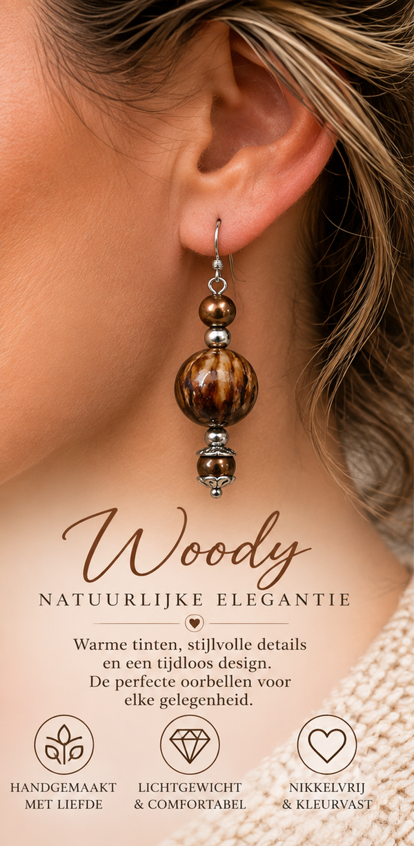 Oorbellen Woody – Bruine Glaskralen met Metalen Accenten