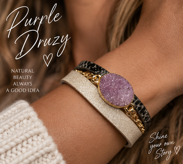 Damesarmband met paarse druzy steen & leerlagen