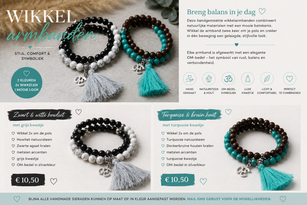 Wikkelarmband - Natuursteen & Hout met kwastje en OM-bedel (2 kleuren)