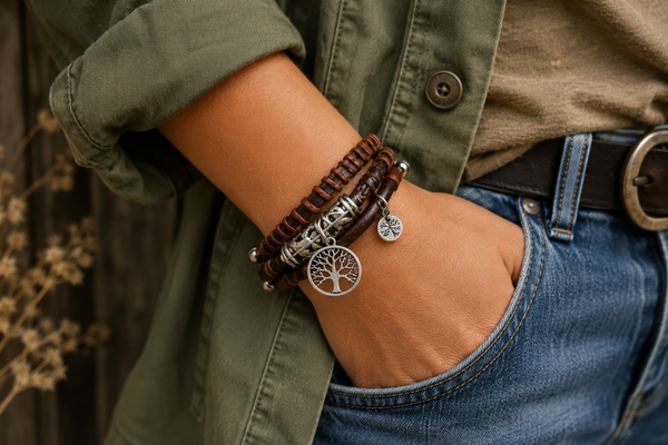 🤎 Wild Roots – handgemaakte leren boho armband