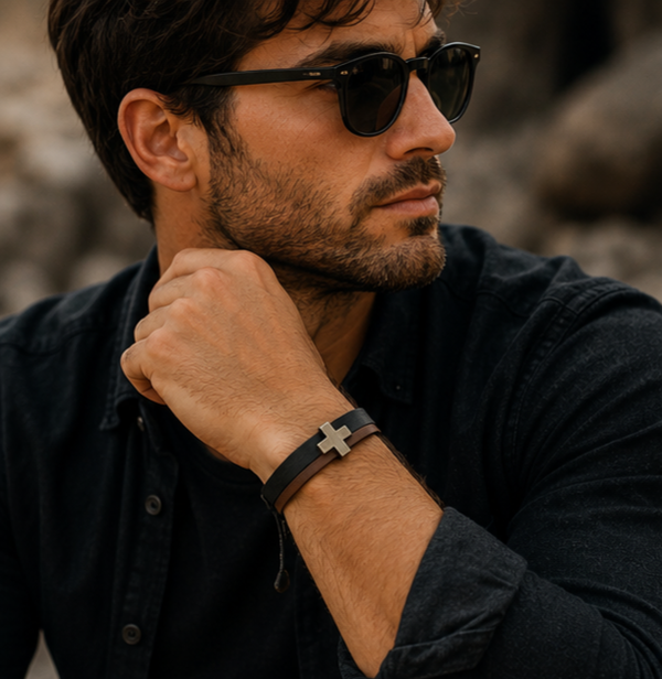 Zwart-bruin Leren Heren Armband met Kruis – Minimalistisch Vintage Design