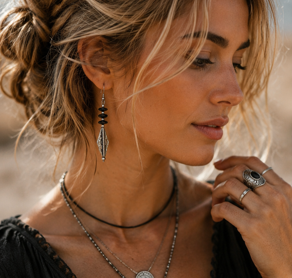 Zwart-Zilveren Boho Oorbellen – Elegant Hangend Design