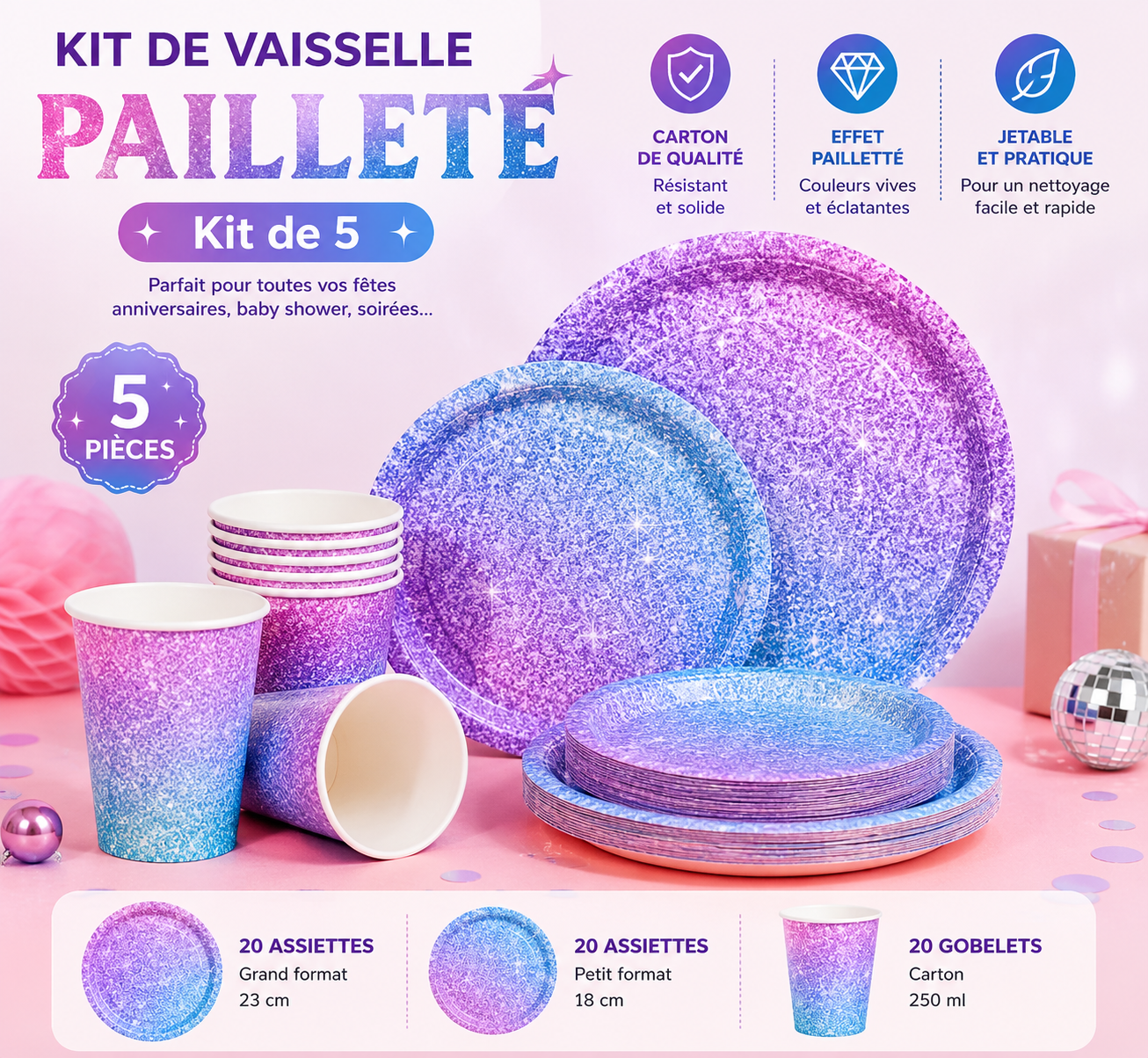 ✨ Kit Vaisselle Pailleté Pastel – Lot de 5