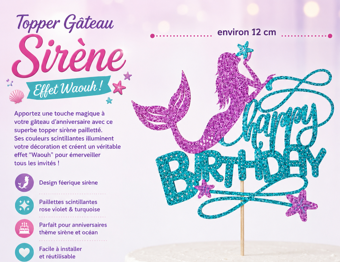 Topper Gâteau Sirène Pailleté – Effet Waouh Garanti ✨🧜‍♀️