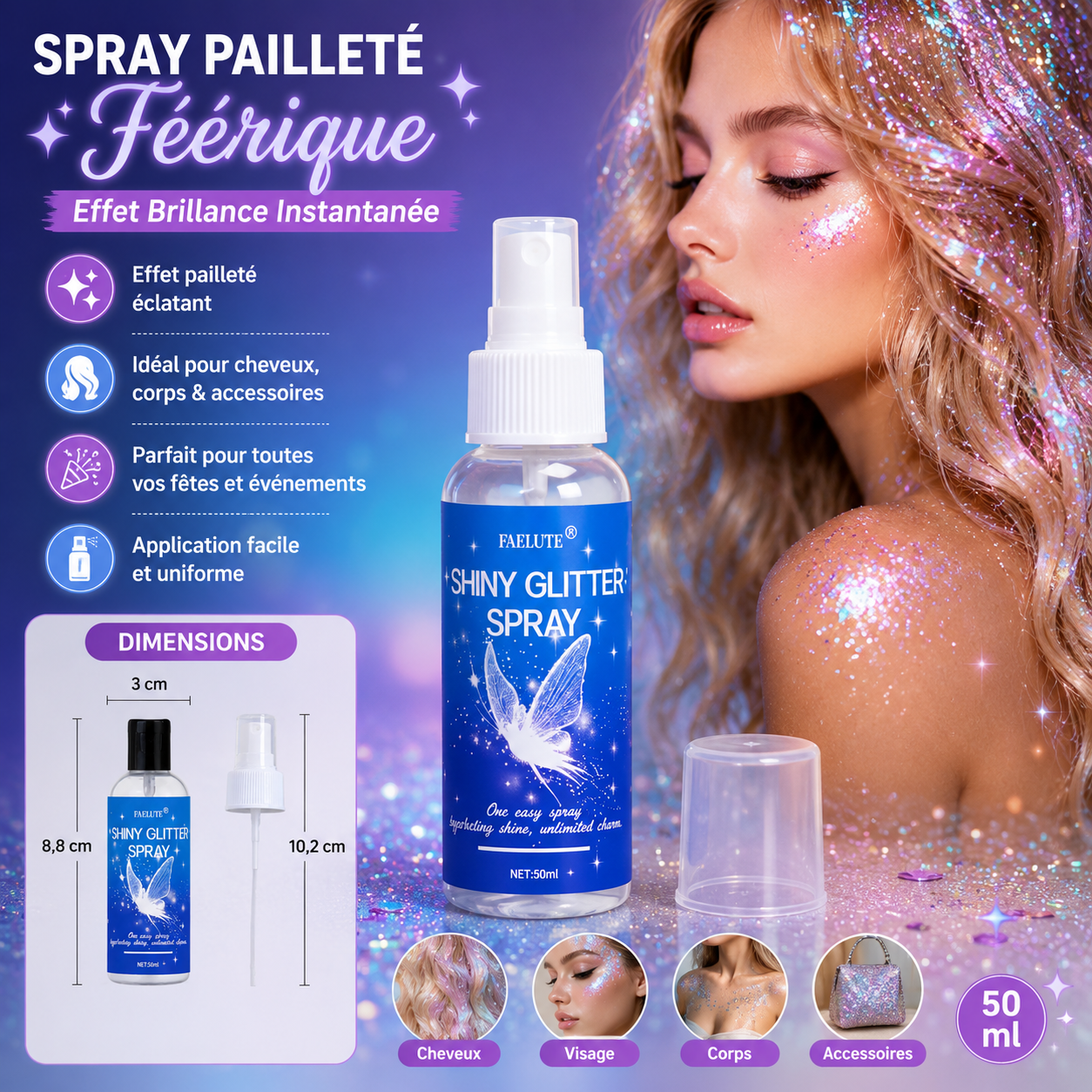 Spray Pailleté Féérique – Effet Brillance Instantanée