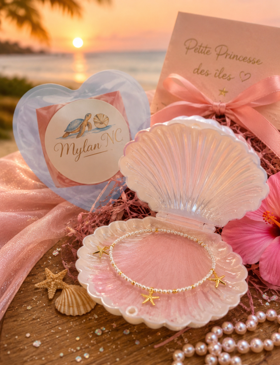 🌺 Coffret Coquillage des Îles Transformez votre bijou en cadeau magique avec sa présentation dans un coquillage souvenir des îles (+3€).