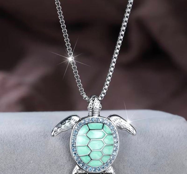 Collier tortue verte argent