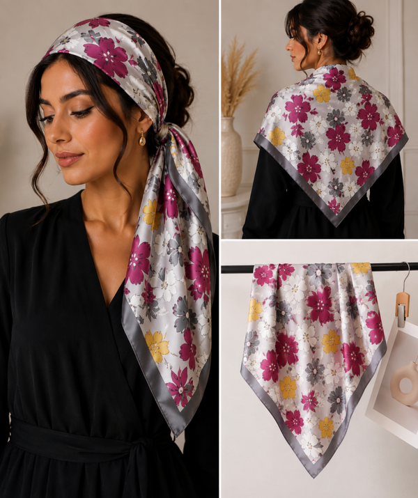 Foulard en soie fleuri – Rose, gris & jaune