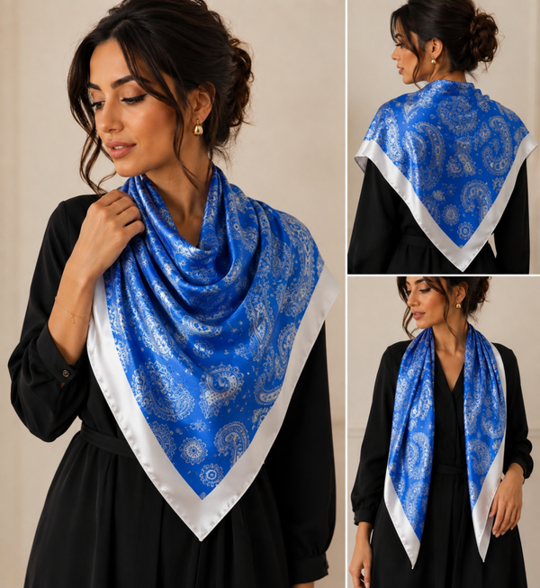 Foulard en soie bleu – Motifs Paisley