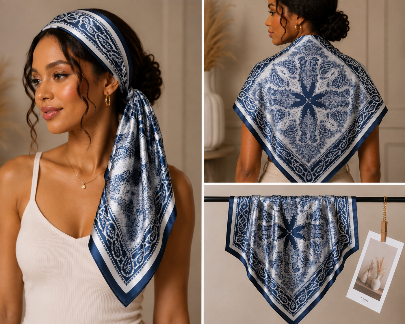 Foulard en soie bleu marine & blanc – Motifs Paisley