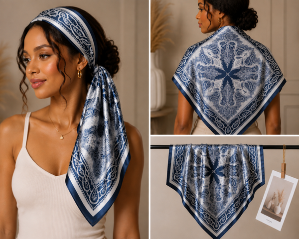 Foulard en soie bleu marine & blanc – Motifs Paisley