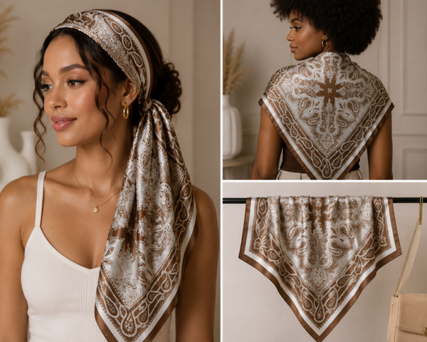 Foulard en soie marron & blanc – Motifs Paisley