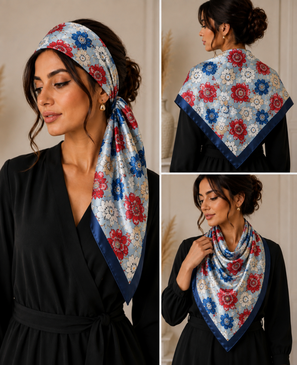 Foulard fleuri bleu – Élégance & douceur