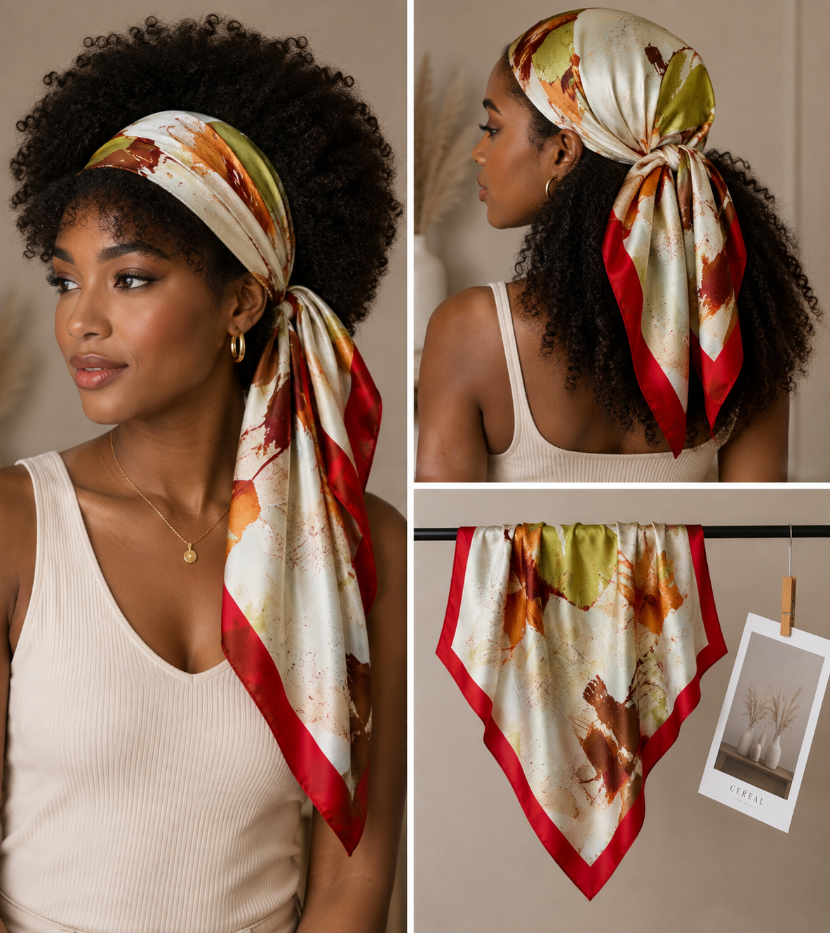 Foulard en soie écru – Motifs artistiques & bordure rouge