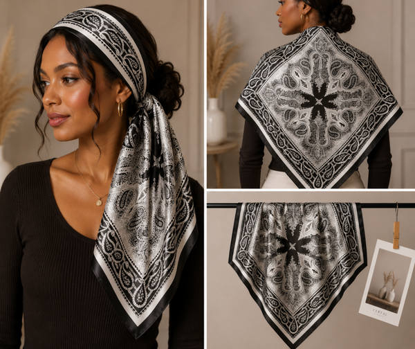 Foulard en soie noir & blanc – Motifs Paisley