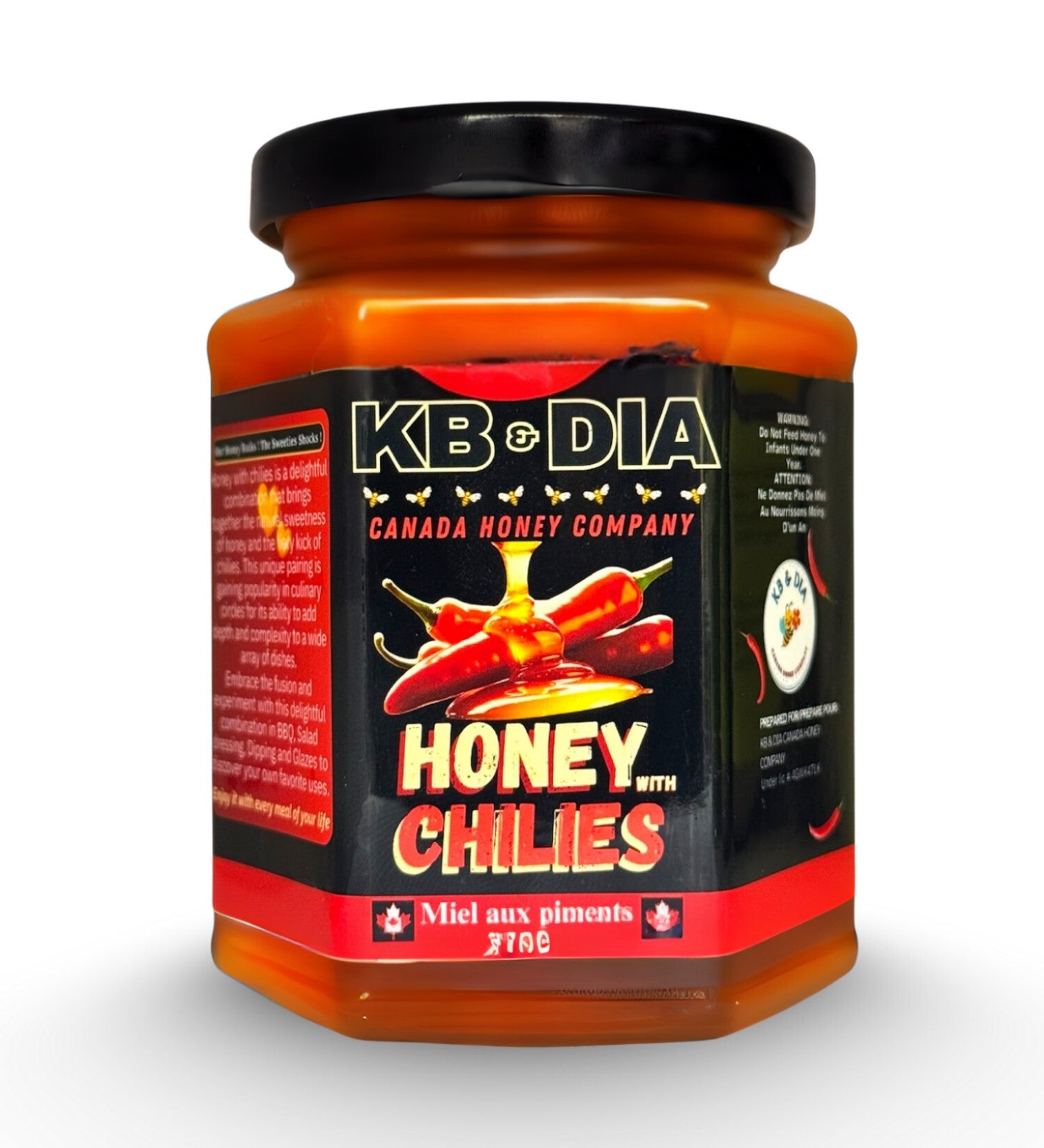 Hot Honey | 100% Canadian Pure Natural Raw Honey with Aji, Cayenne and Chili De Arbol Pepper | Honey with Chilies 375G