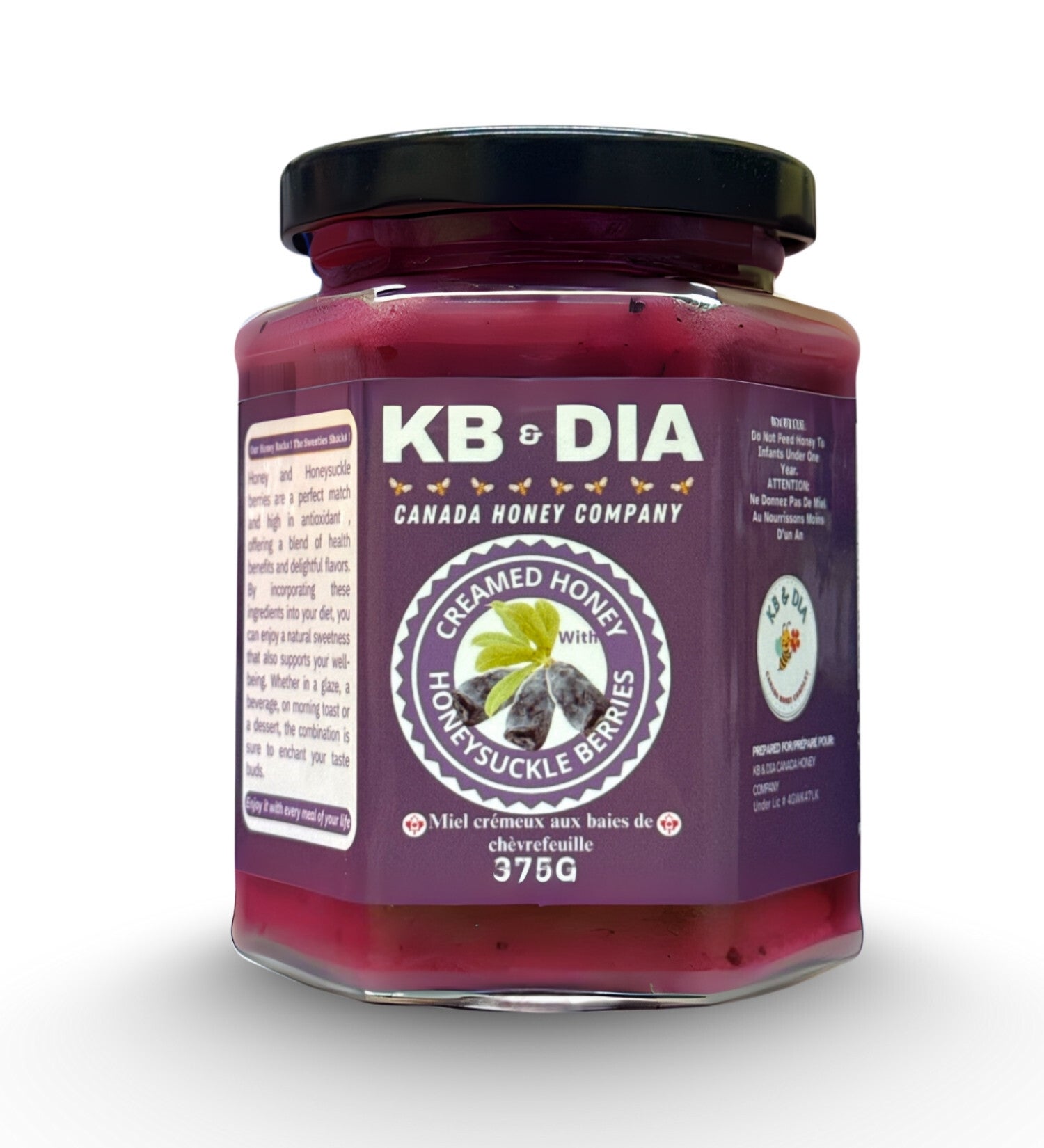 Honeysuckles Berries Honey | Haskap Berries Honey | 100% Canadian Pure Natural Raw Creamed Honey with Real Honeysuckle / Haskap Berries | 375G