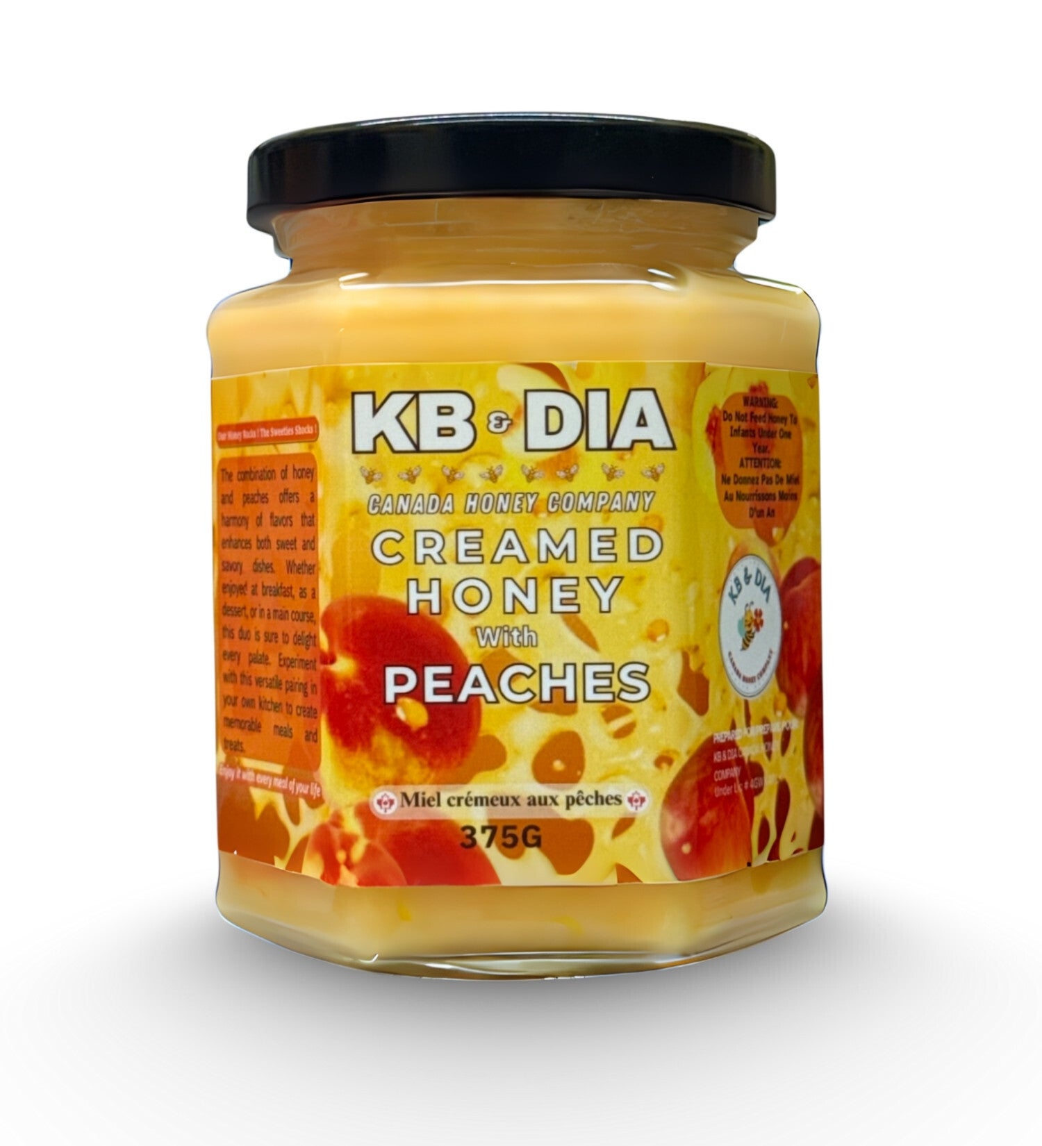 Peach Honey | 100% Canadian Pure Natural Raw Creamed Honey with Real Peaches | 375G