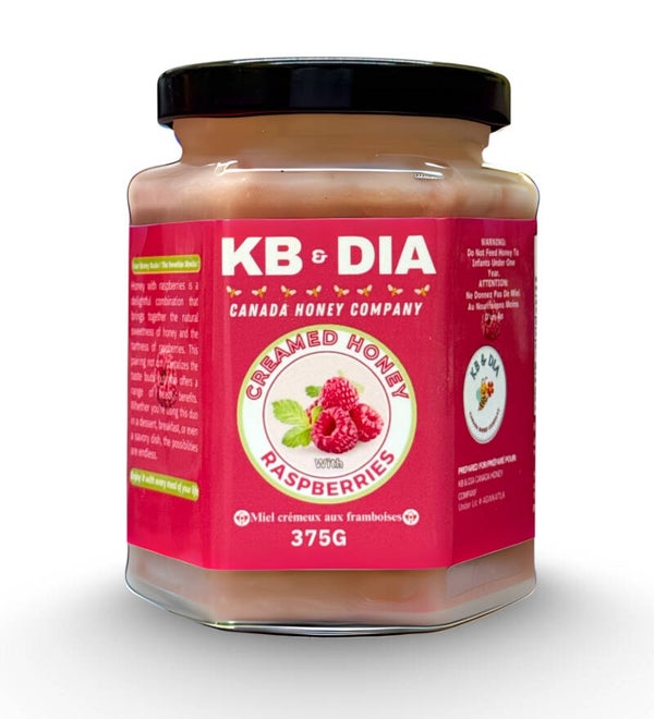 Raspberries Honey | 100% Canadian Pure Natural Raw Creamed Honey with Real Raspberries | 375G