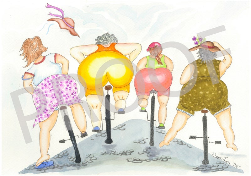 watercolour rear view of four fat bottomed ladies riding bicycles on a cobblestone road. freewheeling, playful and some competitive. colourful and fun