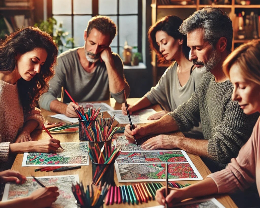 Group of adults sitting around table coloring images