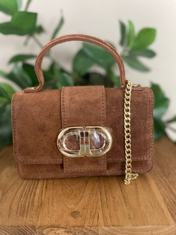 Suede mini handtas met goud detail