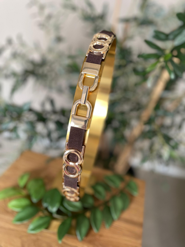 Elastische riem bruin met goud detail.
