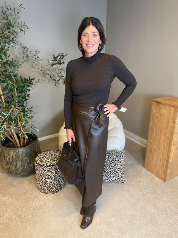 Leatherlook rok lang bruin