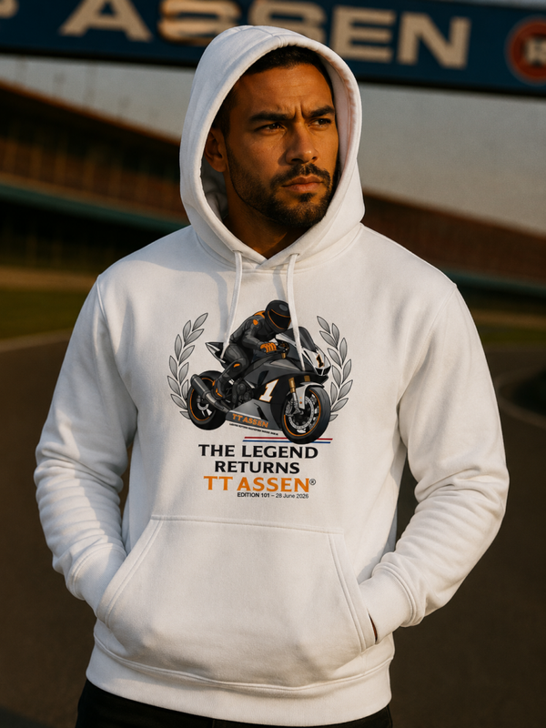 TT Assen 2026 Hoodie Limited Edition Zwart Of Wit "The Legend Returns"®