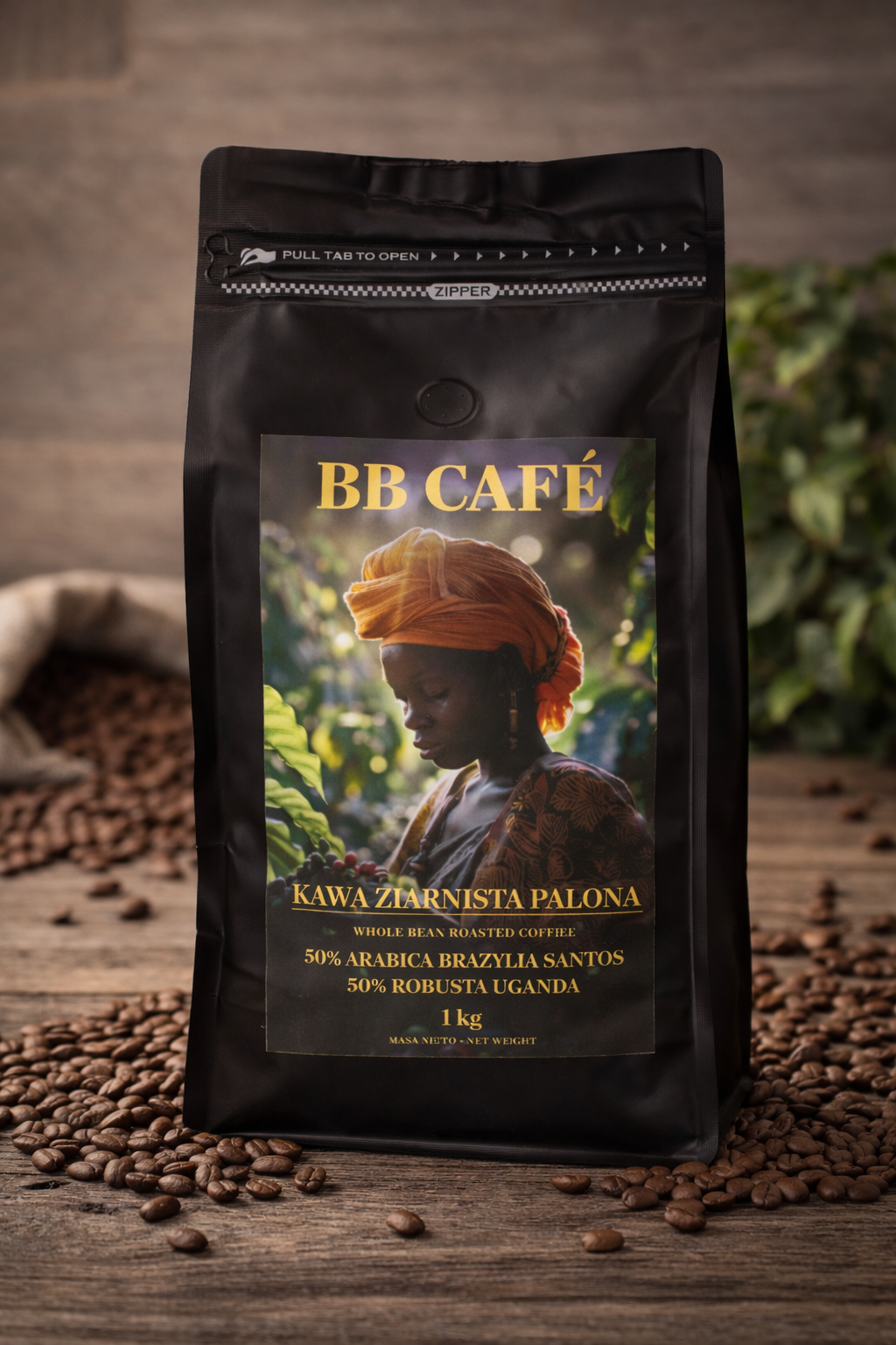 Kawa ziarnista palone 50% Robusta Uganda 50% Arabica Brazylia Santos 1 kg.