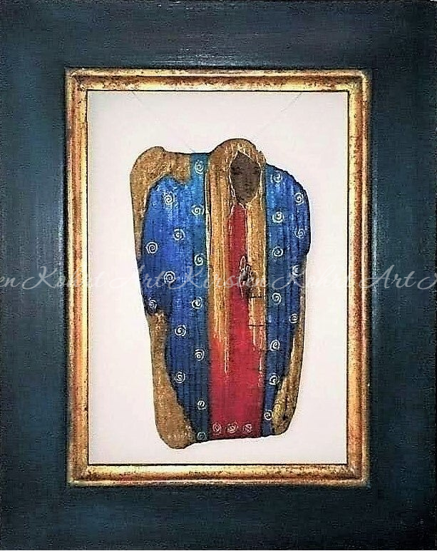 Art Kirsten Kohrt Schwebender Engel Schwemmholz Treibholz handgemalt bretonischer Holzrahmen Kleiner schwebender Engel 