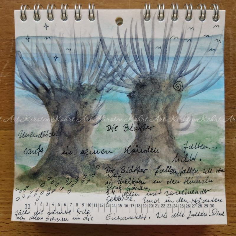 Immerwährender Wandkalender, 13 x 13 cm, handgemalt von Kirsten Kohrt Art , verfügbar , Aquarelle mit Rilke-Zitaten