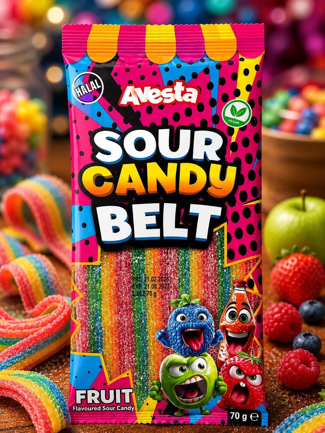 🍭 Avesta Sour Candy Belt Fruit 70g – Bunte Rainbow Streifen mit extra saurem Kick!