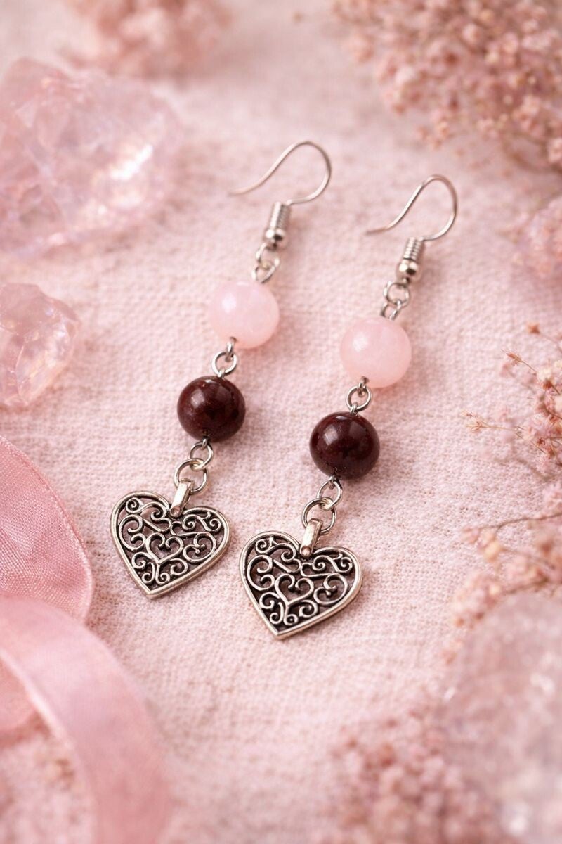 💗 Oorbellen granaat & rozenkwarts met hartje