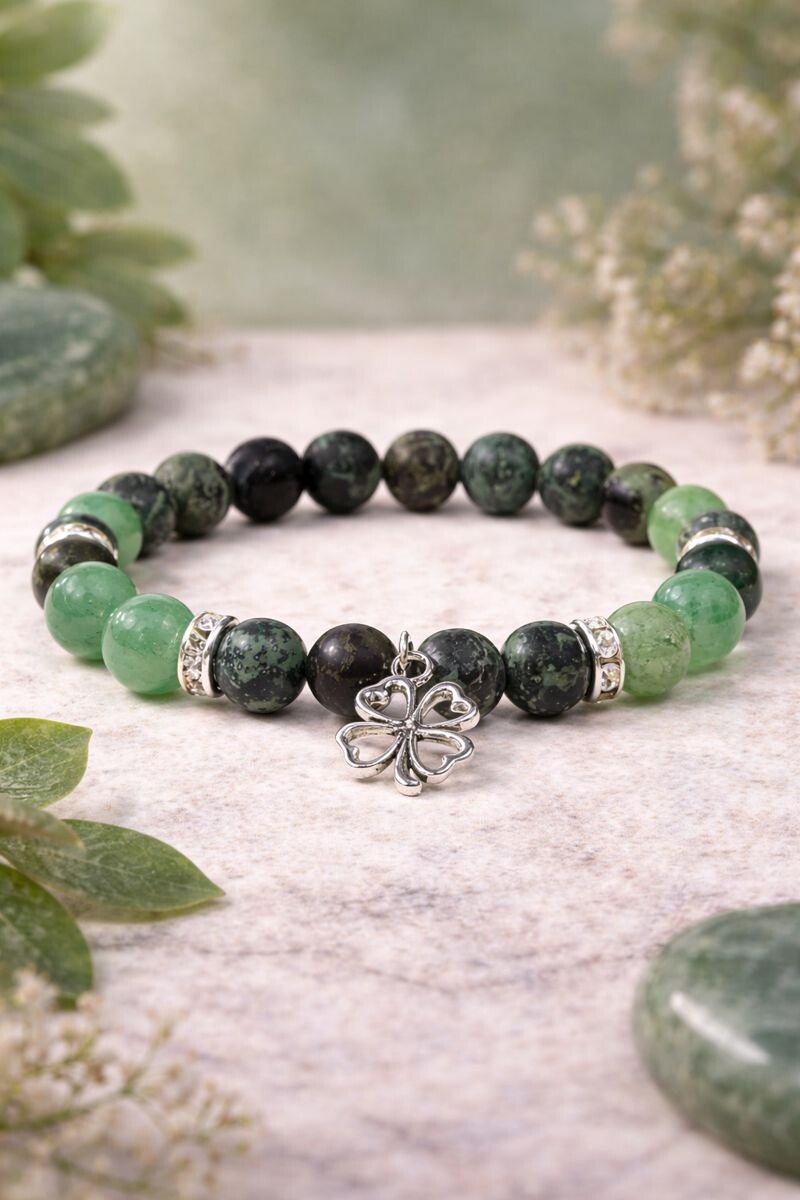 🍀 Armband Kambaba Jaspis & Groene Aventurijn met Klavertje Vier