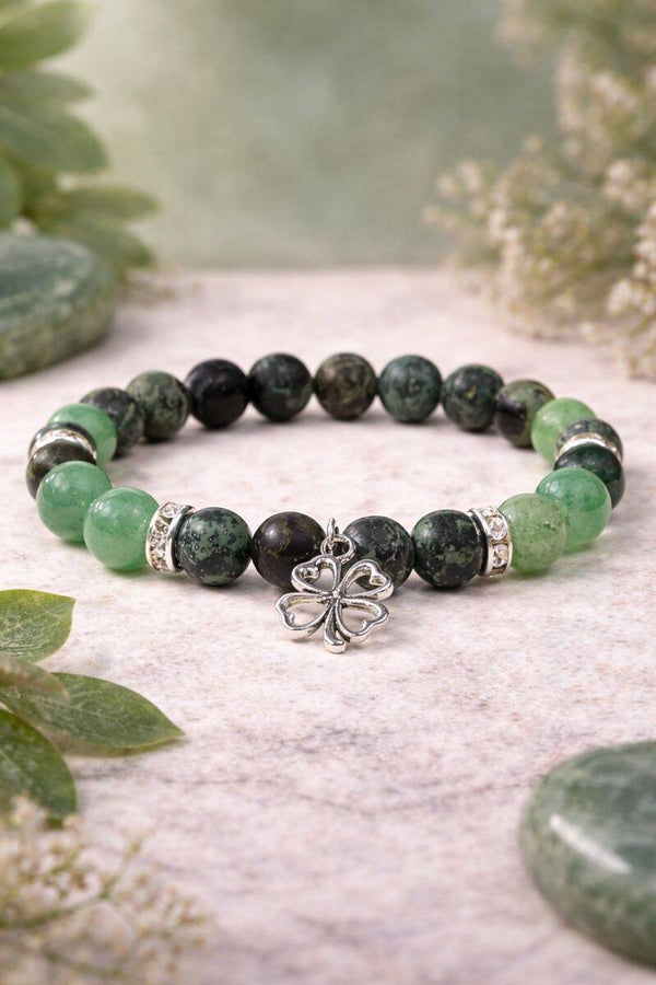 🍀 Armband Kambaba Jaspis & Groene Aventurijn met Klavertje Vier