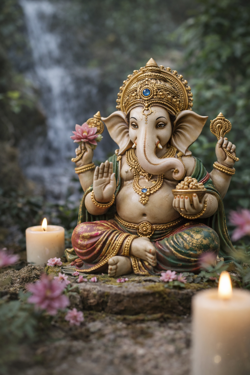 Indische god Ganesha met offergaven en roze bloemetjes