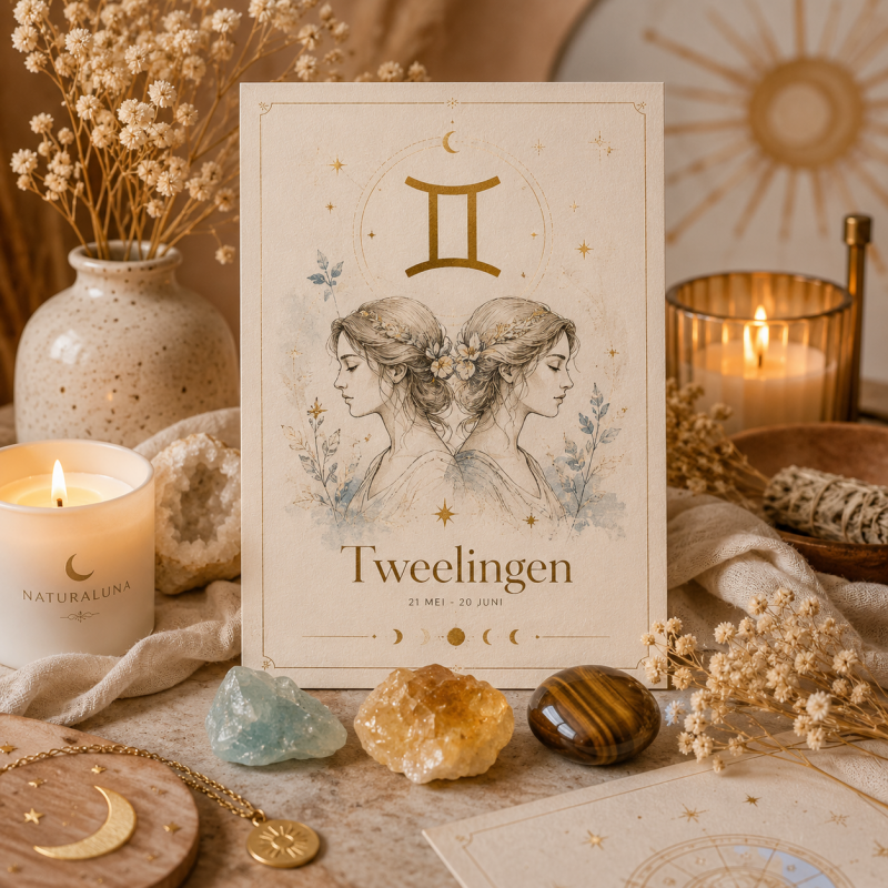 kaart in het teken van tweelingen met edelstenen en boho achtergrond