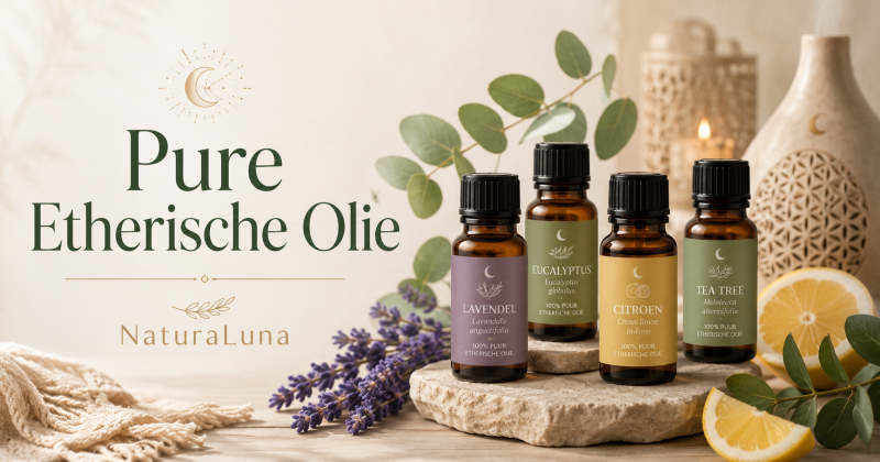 flesjes pure essentiele olie in een mooi decor met ecru tinten en lavendel en citroen