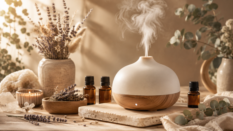AI afbeelding ter illustratie met een diffuser met houten bodem in een rustgevend decor met lavendel en eucaliptis