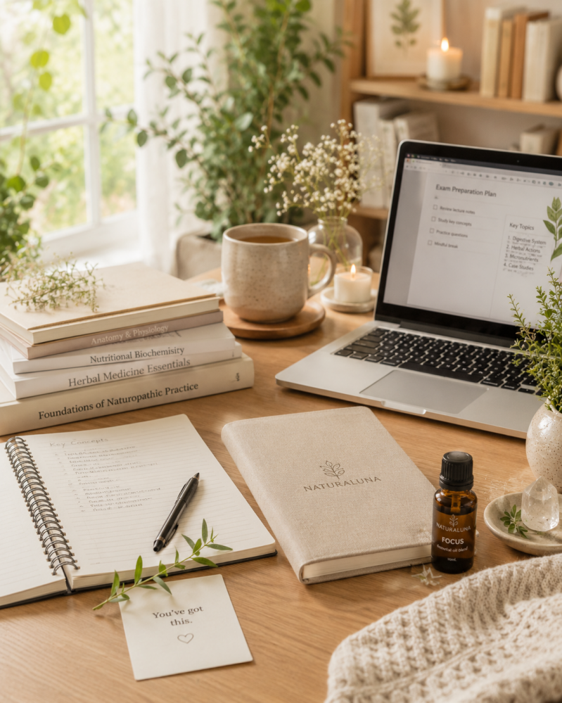 bureau met etherische olie en diffuser voor een rustig studiemoment tijdens de examenperiode